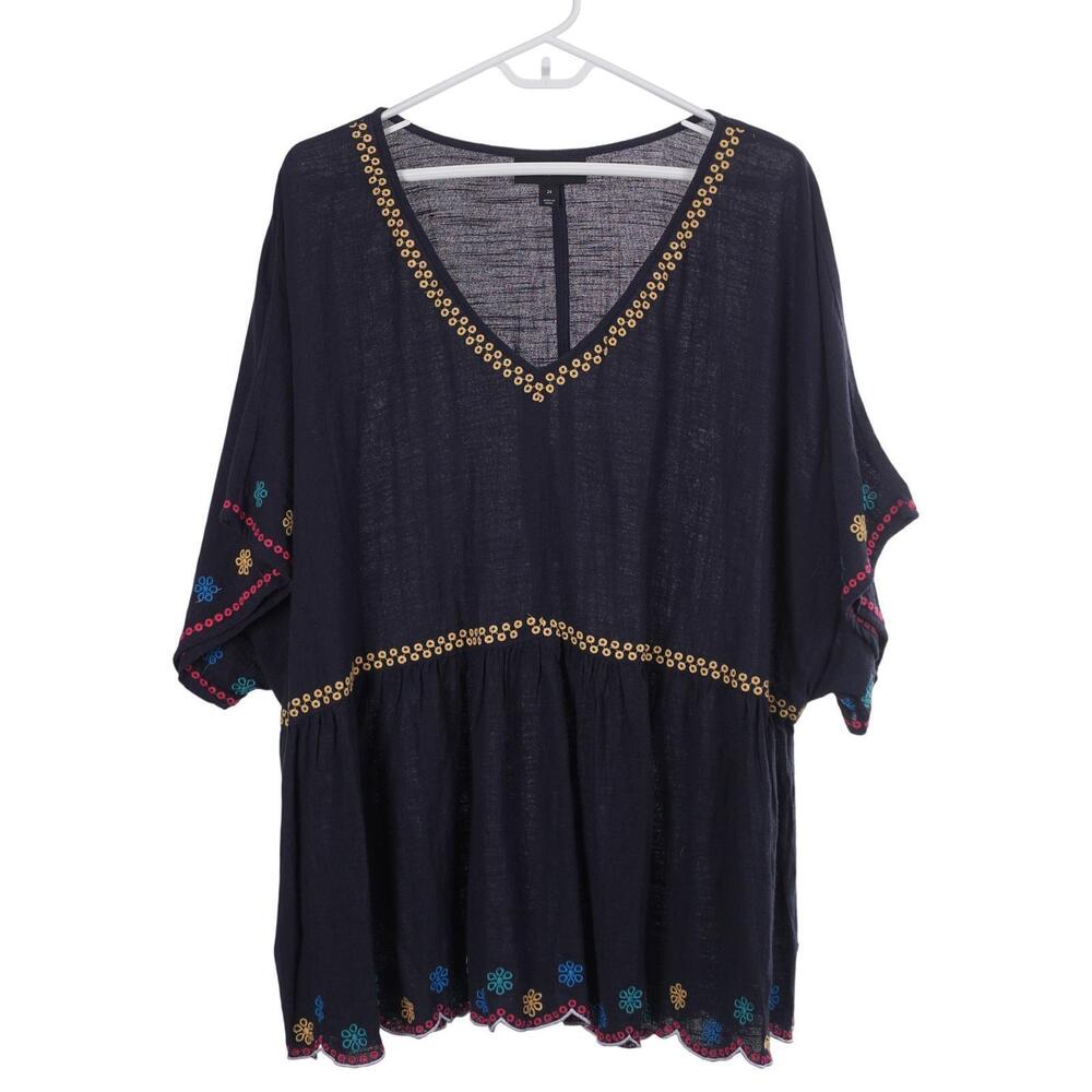 NWT Lane Bryant Top 24 Navy Blue Cotton Embroidered Scalloped V-Neck Casual